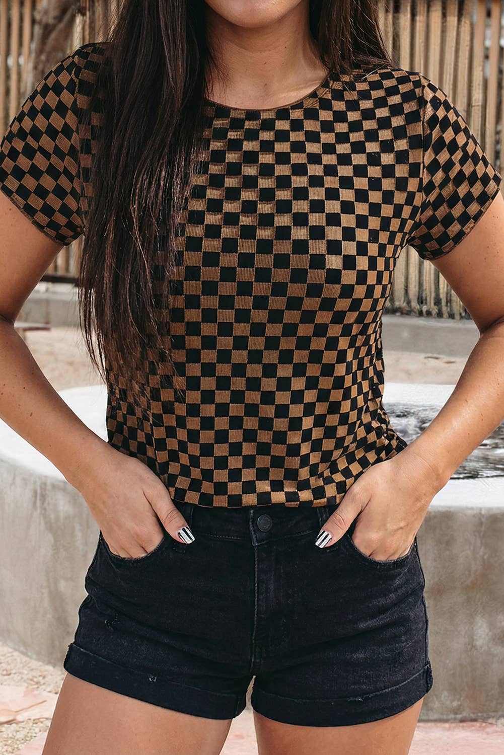Checkerboard Round Neck Summer T Shirt: Black, L